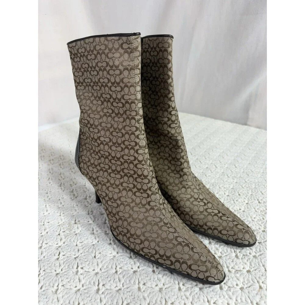 Coach Ankle Boots Women's 9B Canvas Leather Signature C Kitten Heel Vintage Y2K